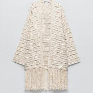 Zara - Fringed Knit Jacket ,Size S-M, Ecru